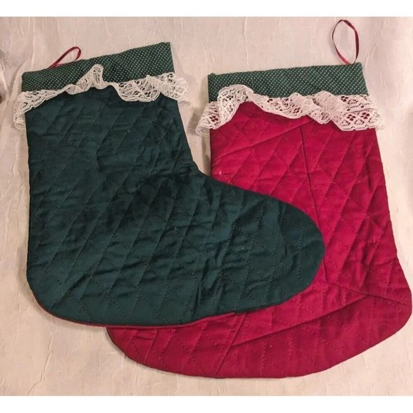 2 Angels Christmas Stocking Quilted Applique Folk Art Primitive Lace Naive Pair - Picture 10 of 16